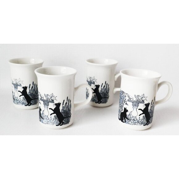 4 Vintage Black Cats in Garden Mugs Wood Holder Vintage England - Picture 2 of 8